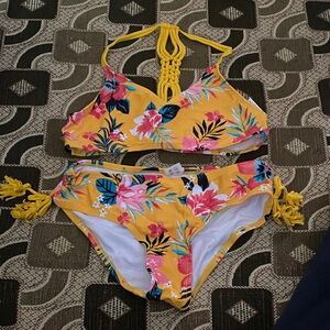 Yellow Floral One-Piece Swimsuit | Bright Tropical Print | Size 10